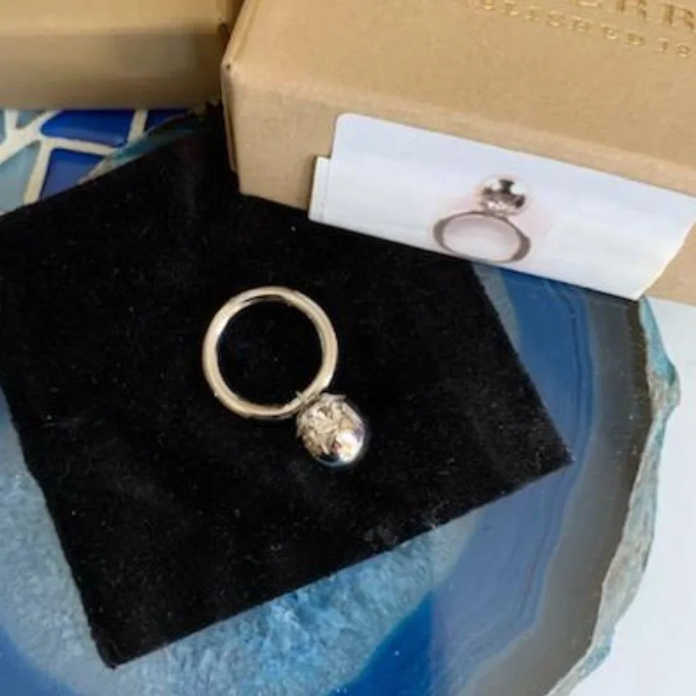 Burberry Ladies Crystal Charm Palladium-Plated Dangle Ring